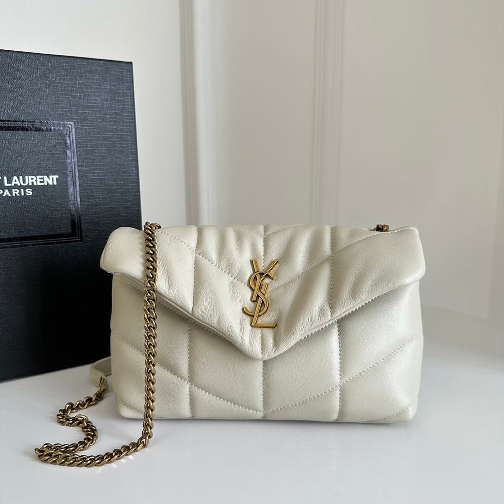 YSL Loulou Puffer Toy Quilted Lambskin Shoulder Crossbody Bag with Chain Strap White — view 1