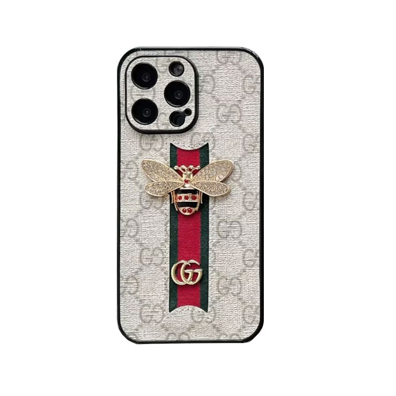 Classic Leather GG Bees Phone Case with Strap — view 1