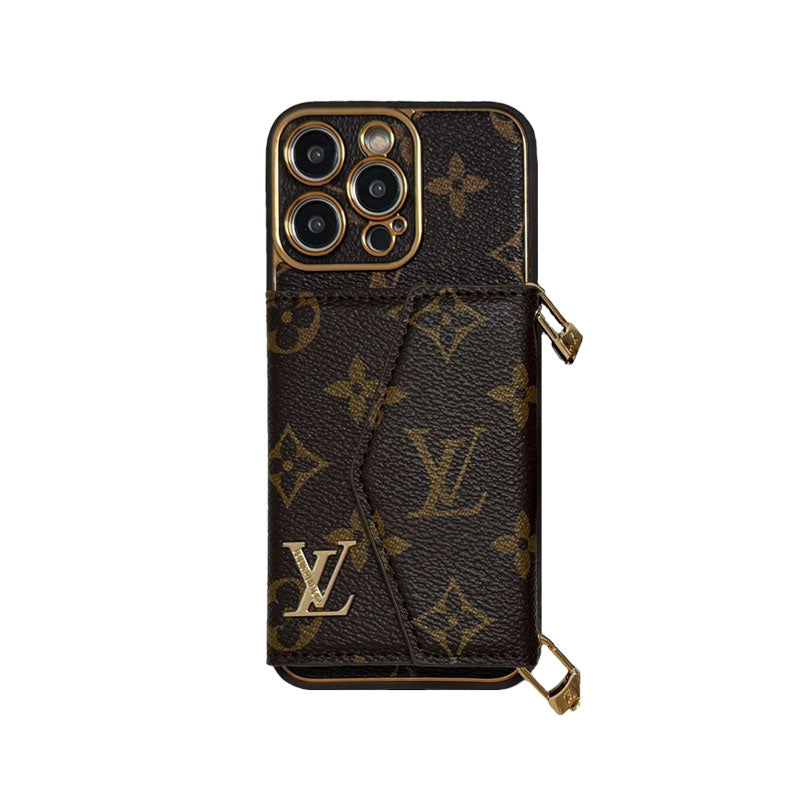 Monogram iPhone Case with Wallet and Strap Brown Large Print — view 1