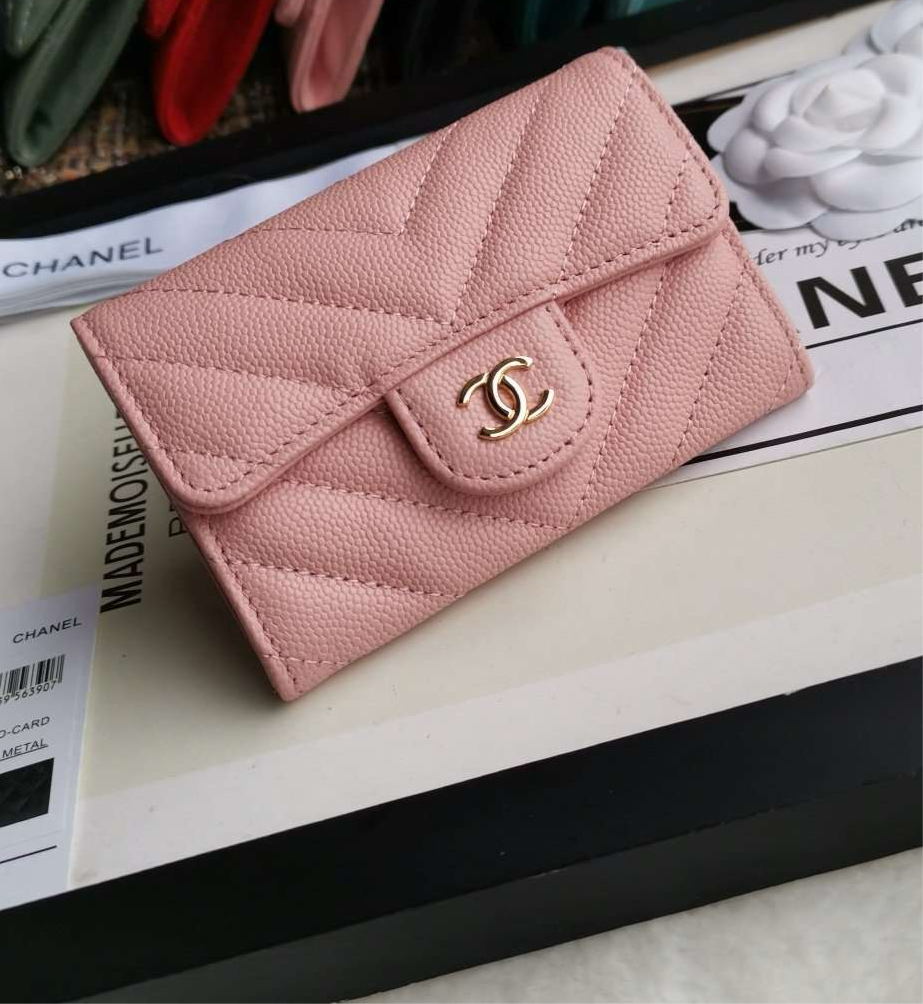 Chanel Caviar Chevron Quilted Compact Flap Wallet Pink - Matte Pink — view 1