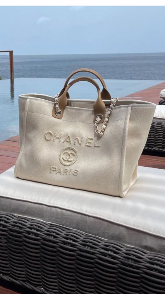 Chanel Pearl Deauville Tote Bag in Beige - White — view 3