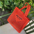Prada Women's Natural Crochet Tote Bag-Orange — view 5