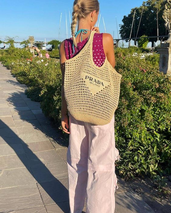 Prada Raffia Tote Bag-Khaki — view 5
