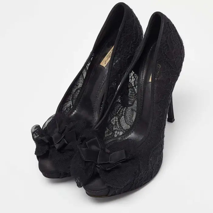 Dolce & Gabbana Black Floral Lace Bow Platform Peep Toe Pumps — view 1