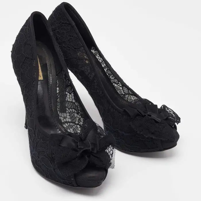 Dolce & Gabbana Black Floral Lace Bow Platform Peep Toe Pumps — view 2
