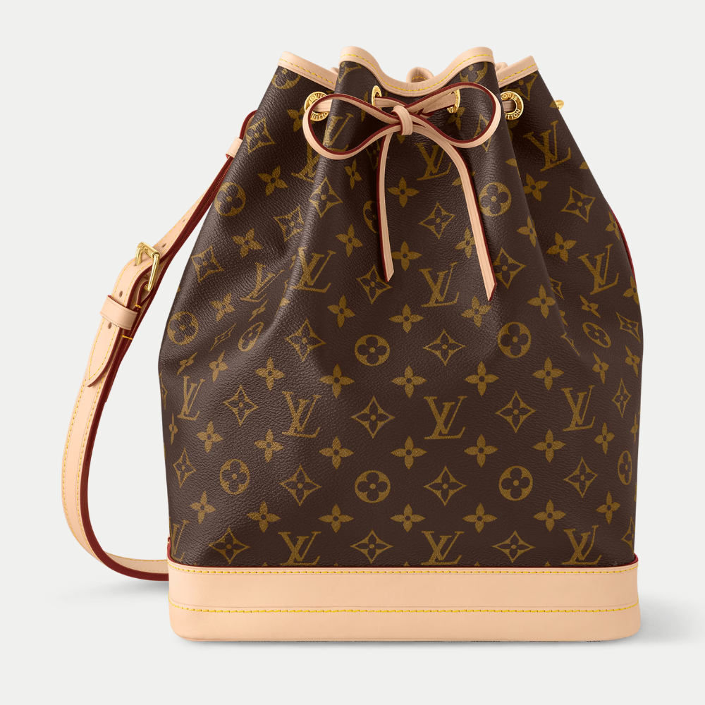 LV Noé Monogram Canvas Bucket Shoulder Bag with Leather Trim and Drawstring Closure - Brown — view 1