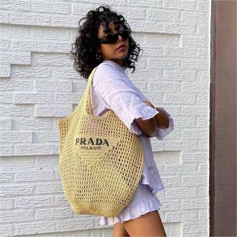Prada Raffia Tote Bag-Khaki — view 6
