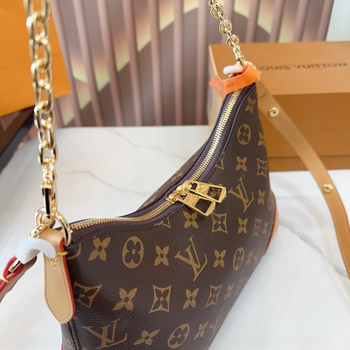 LV Boulogne Monogram Canvas Shoulder Crossbody Bag with Chain Strap and Leather Corners — view 3