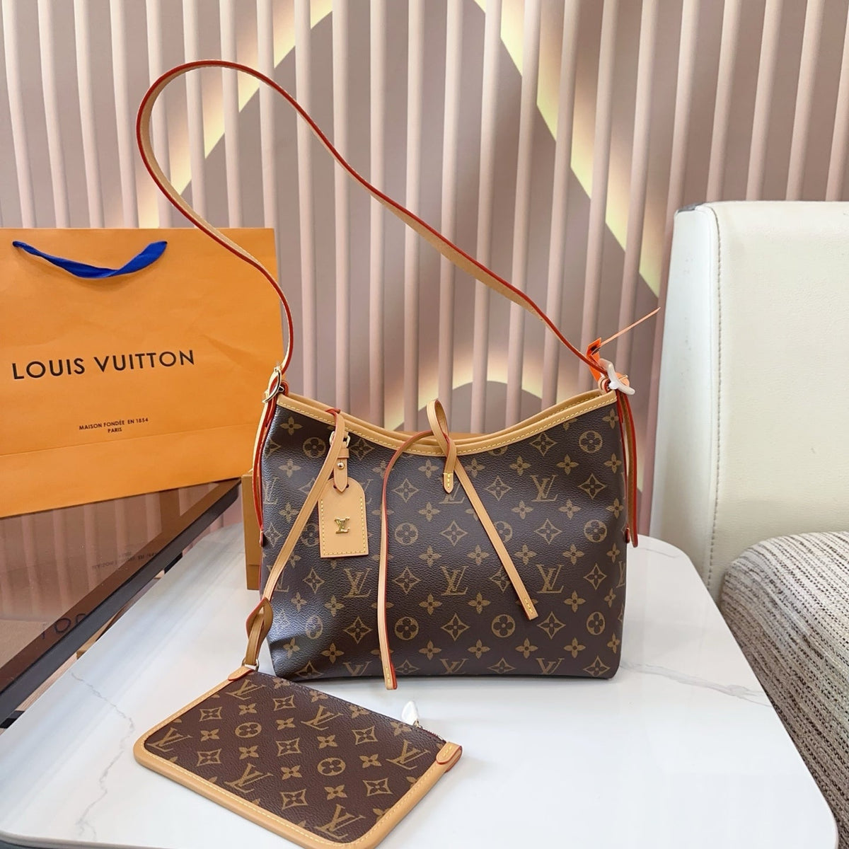 LV Carryall PM Monogram Canvas Tote Shoulder Bag with Leather Trim and Pouch — view 1