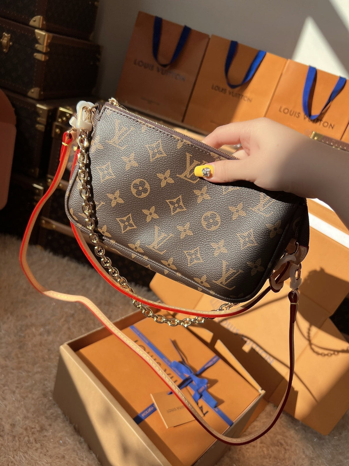 LV Pochette Accessoires Monogram Canvas Shoulder Crossbody Bag with Leather Strap — view 3