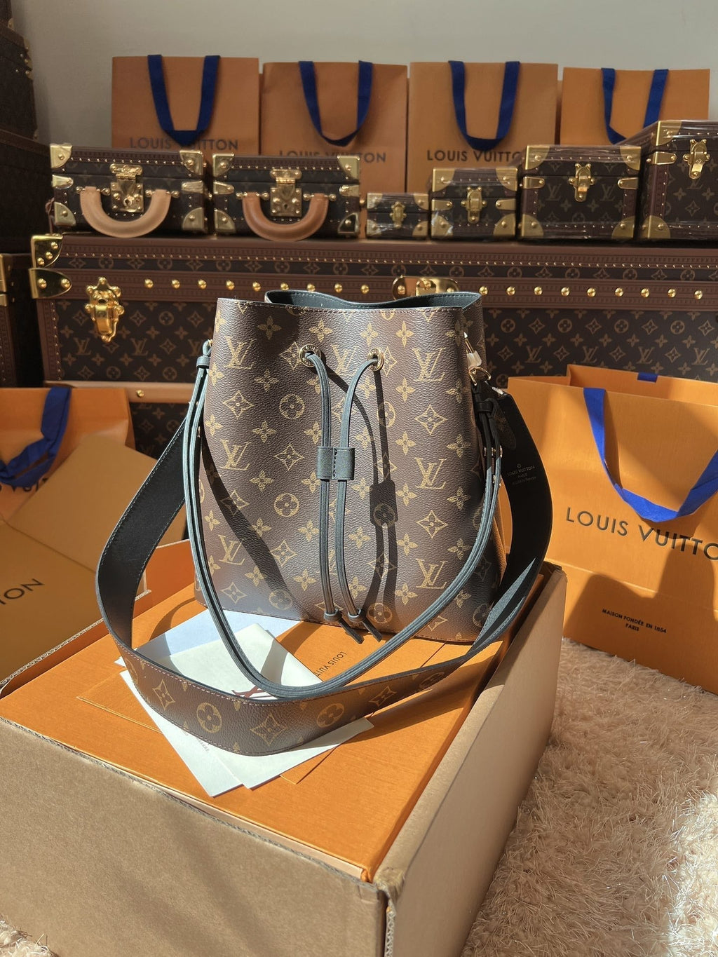 LV Neonoé Monogram Canvas Bucket Shoulder Bag with Leather Trim and Adjustable Strap 26 cm — view 5