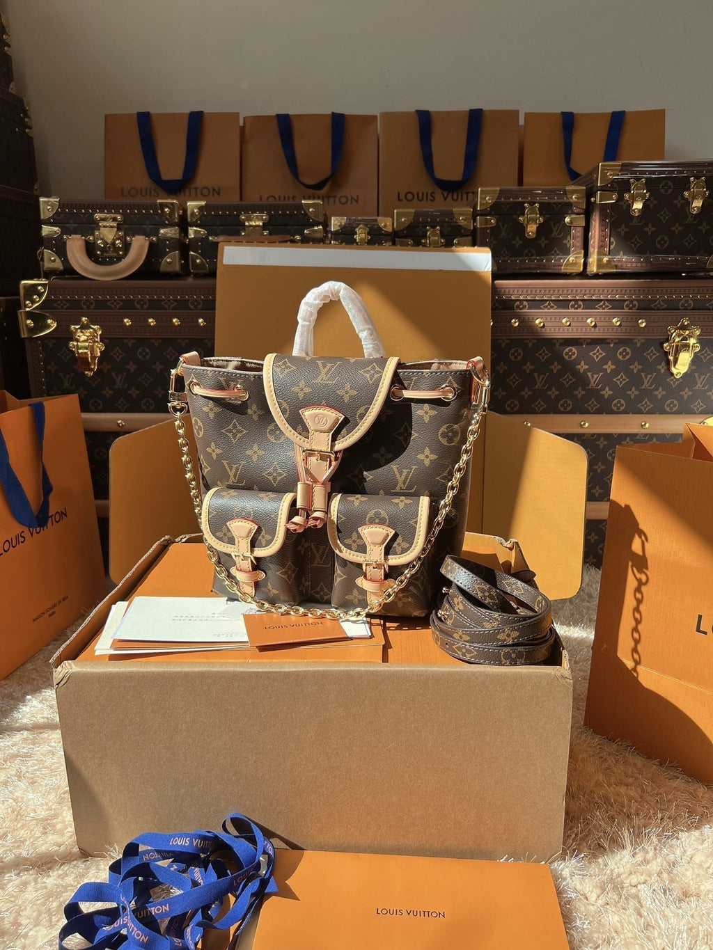 LV Excursion PM Monogram Canvas Backpack Shoulder Bag with Leather Trim and Drawstring Closure — view 2