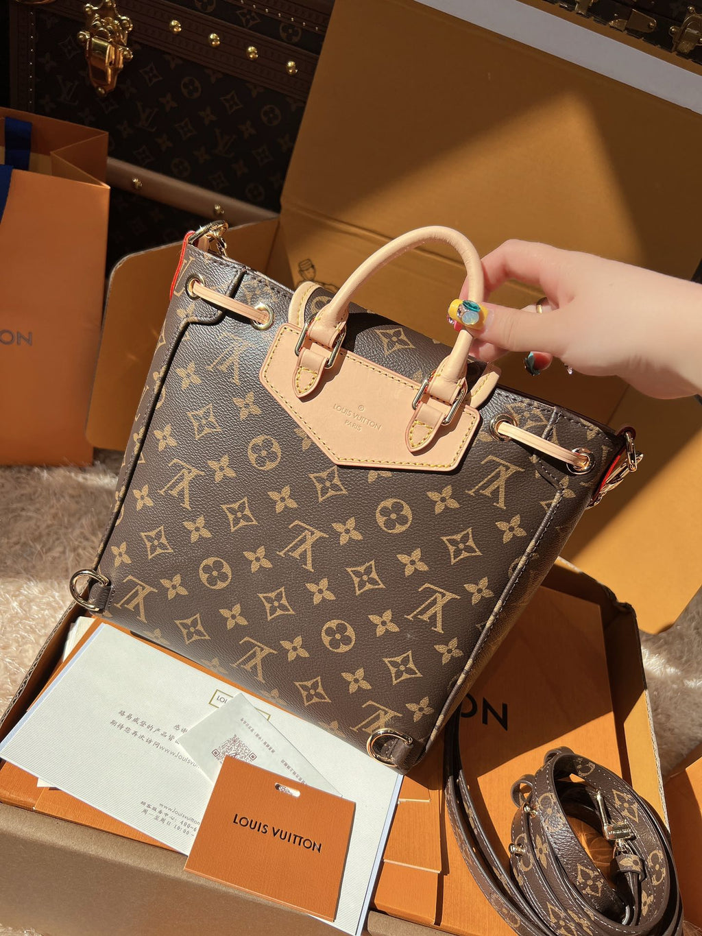 LV Excursion PM Monogram Canvas Backpack Shoulder Bag with Leather Trim and Drawstring Closure — view 3