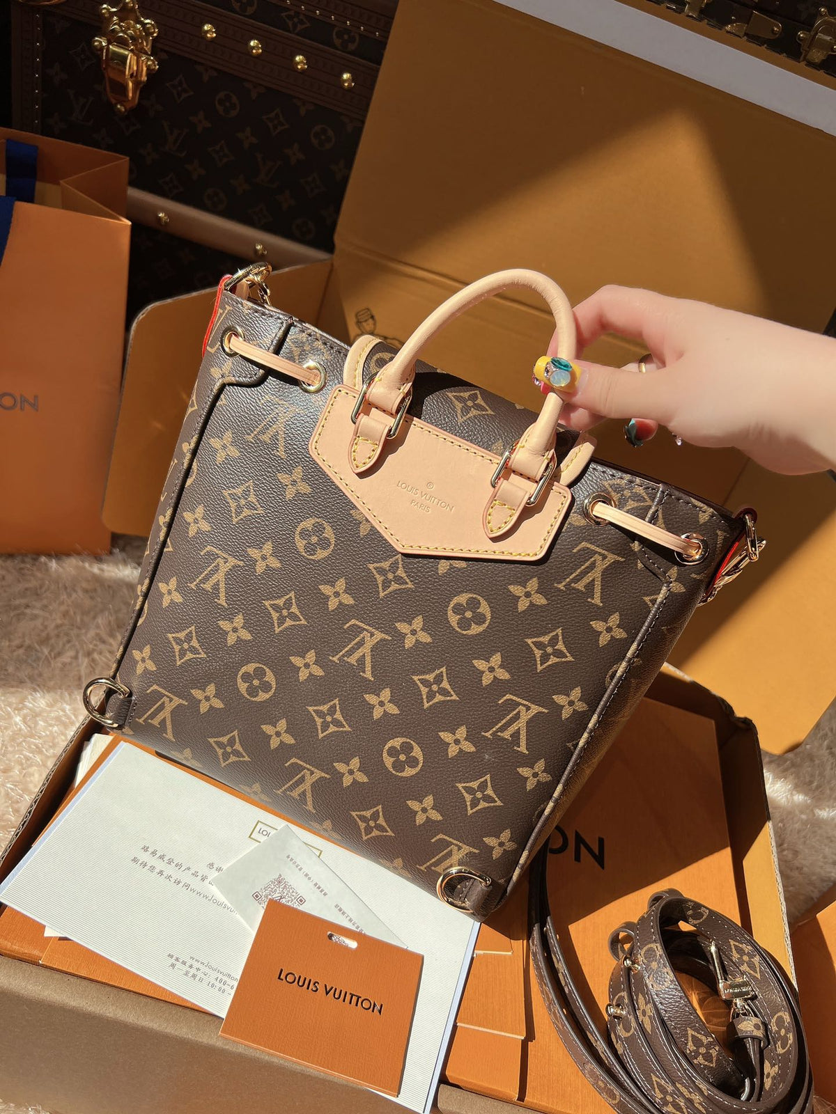 LV Excursion PM Monogram Canvas Backpack Shoulder Bag with Leather Trim and Drawstring Closure — view 3