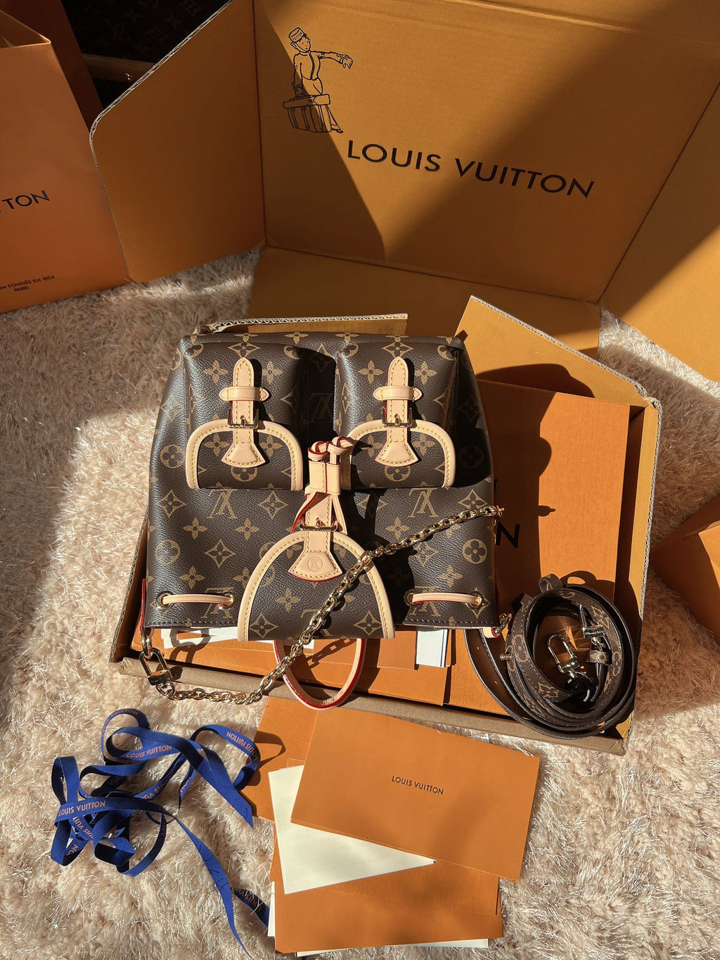 LV Excursion PM Monogram Canvas Backpack Shoulder Bag with Leather Trim and Drawstring Closure — view 4