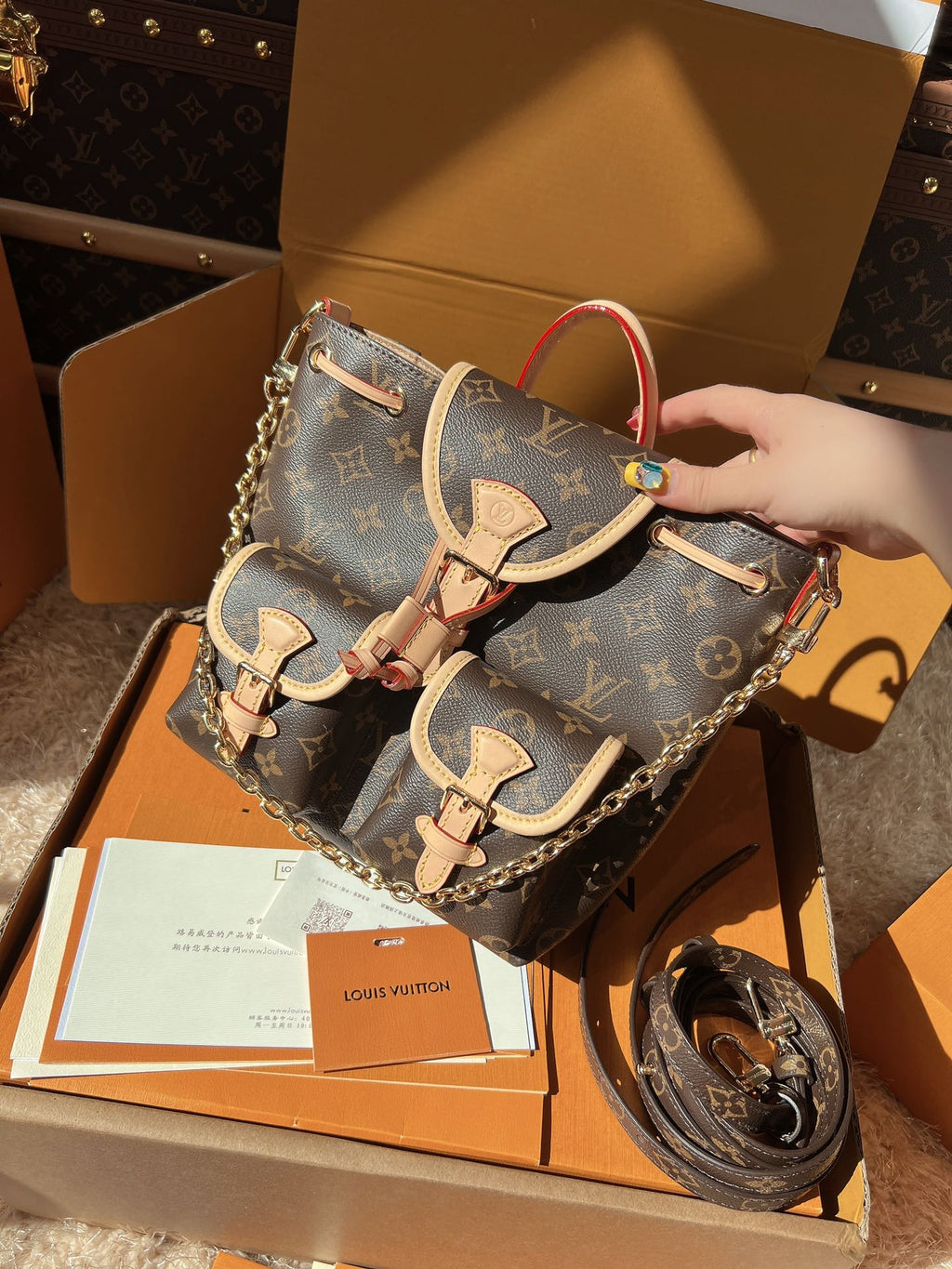 LV Excursion PM Monogram Canvas Backpack Shoulder Bag with Leather Trim and Drawstring Closure — view 5