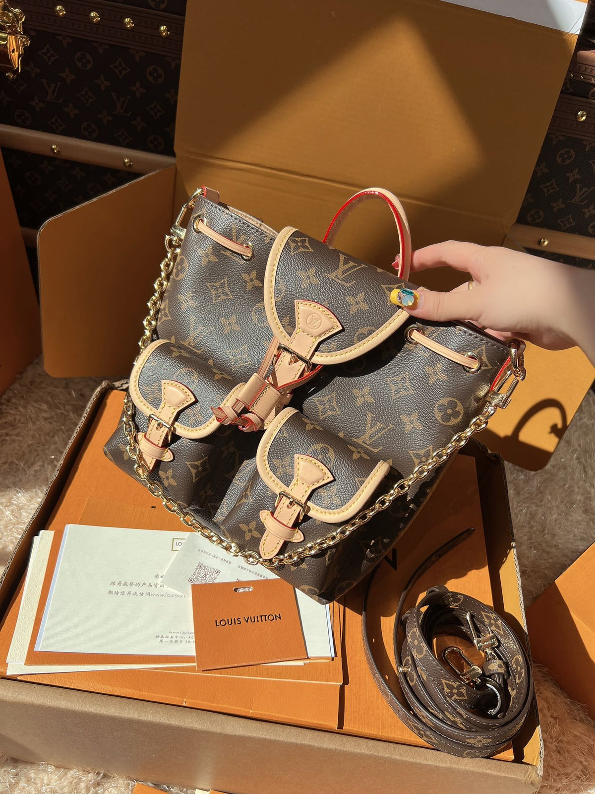 LV Excursion PM Monogram Canvas Backpack Shoulder Bag with Leather Trim and Drawstring Closure — view 5