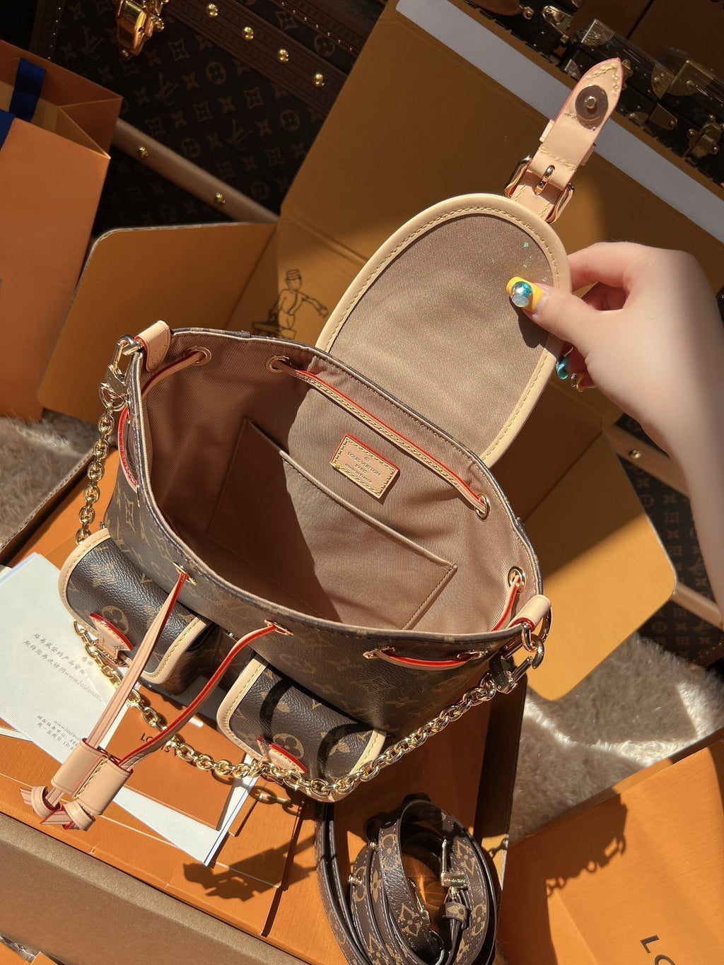 LV Excursion PM Monogram Canvas Backpack Shoulder Bag with Leather Trim and Drawstring Closure — view 6