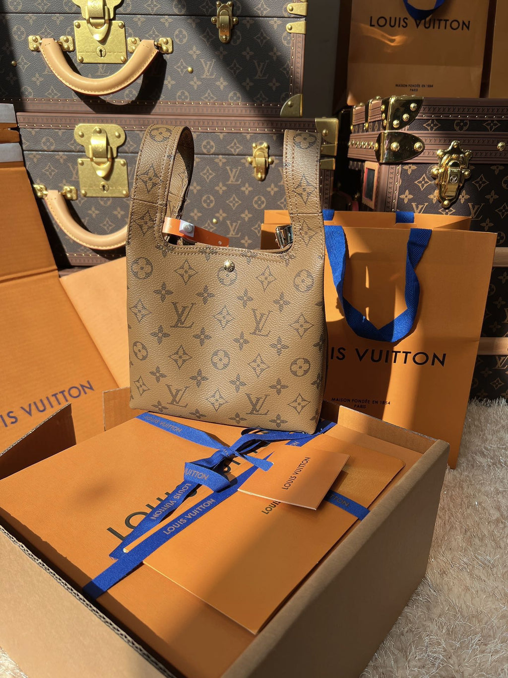 LV Sac Plat MM Monogram Reverse Tote with Black Leather Trim — view 5