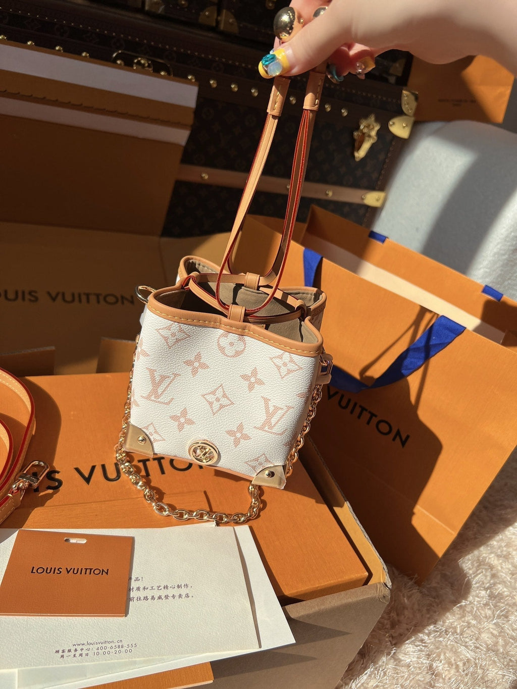 LV Nano Noé Monogram Canvas Mini Bucket Shoulder Bag with Chain Strap and Leather Trim — view 3
