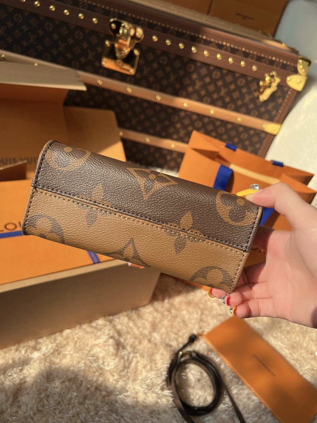 LV OnTheGo PM Monogram Reverse Canvas Tote Handle Bag with Leather Trim and Shoulder Strap — view 3