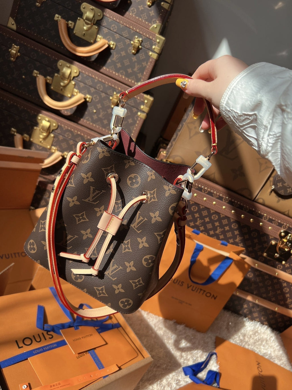 LV Neonoé Monogram Canvas Bucket Bag with Leather Trim and Shoulder Strap — view 1