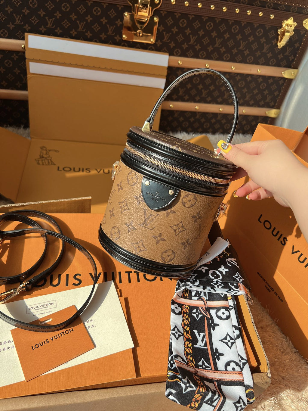 LV Cannes Monogram Reverse Canvas Round Top Handle Bag with Leather Trim and Shoulder Strap — view 2