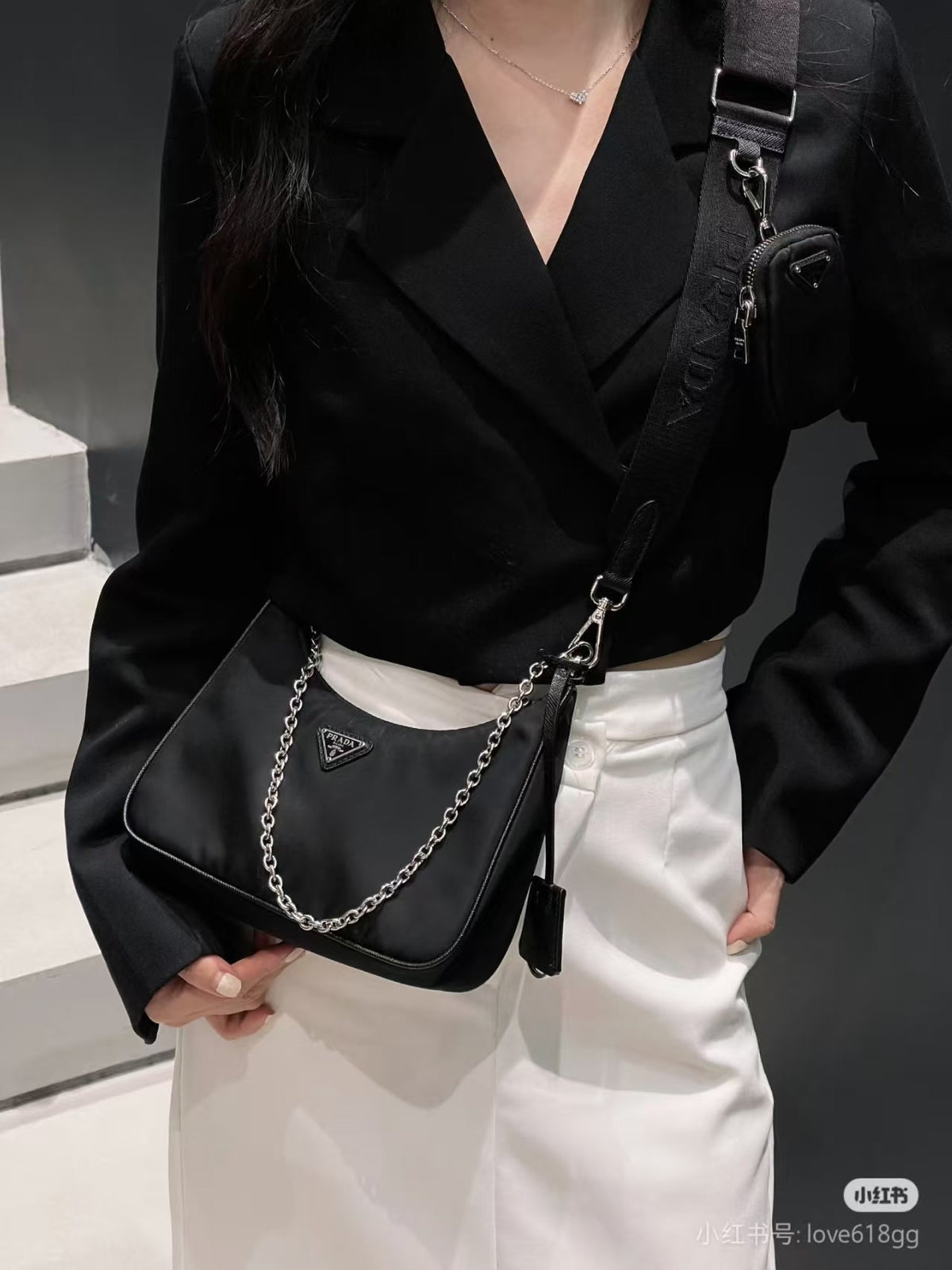 Prada Re-Edition 2005 Nylon Shoulder Bag – Black - Black with Silver-Tone Hardware — view 7
