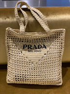Prada Women's Natural Crochet Tote Bag-Khaki — view 3