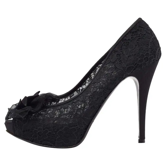 Dolce & Gabbana Black Floral Lace Bow Platform Peep Toe Pumps — view 4