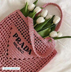 Prada Women's Natural Crochet Tote Bag-Pink — view 2