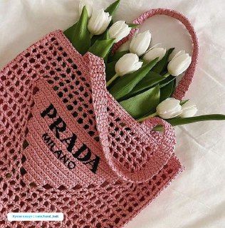 Prada Women's Natural Crochet Tote Bag-Pink — view 2