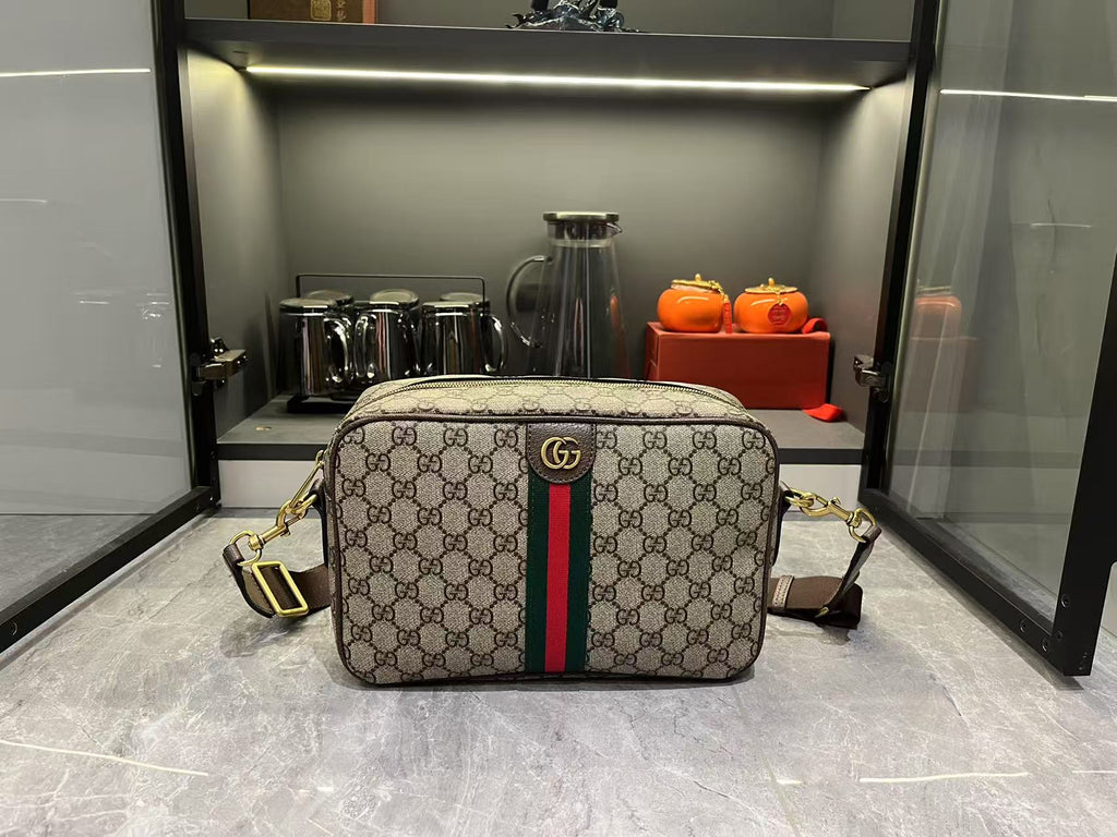 Gucci Ophidia Medium GG Supreme Canvas Shoulder Crossbody Bag with Web Stripe and Leather Trim — view 5