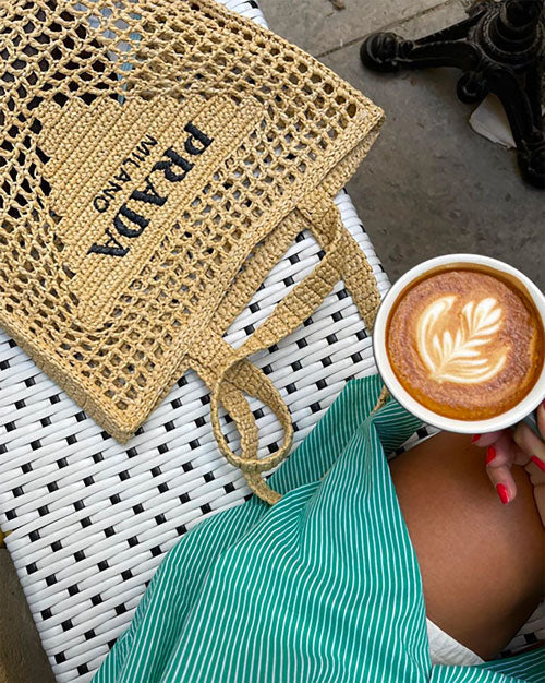 Prada Women's Natural Crochet Tote Bag-Khaki — view 7