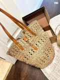 YSL Panier Medium in Raffia and Vegetable-Tanned Leather Tote Bag - Yellow — view 1