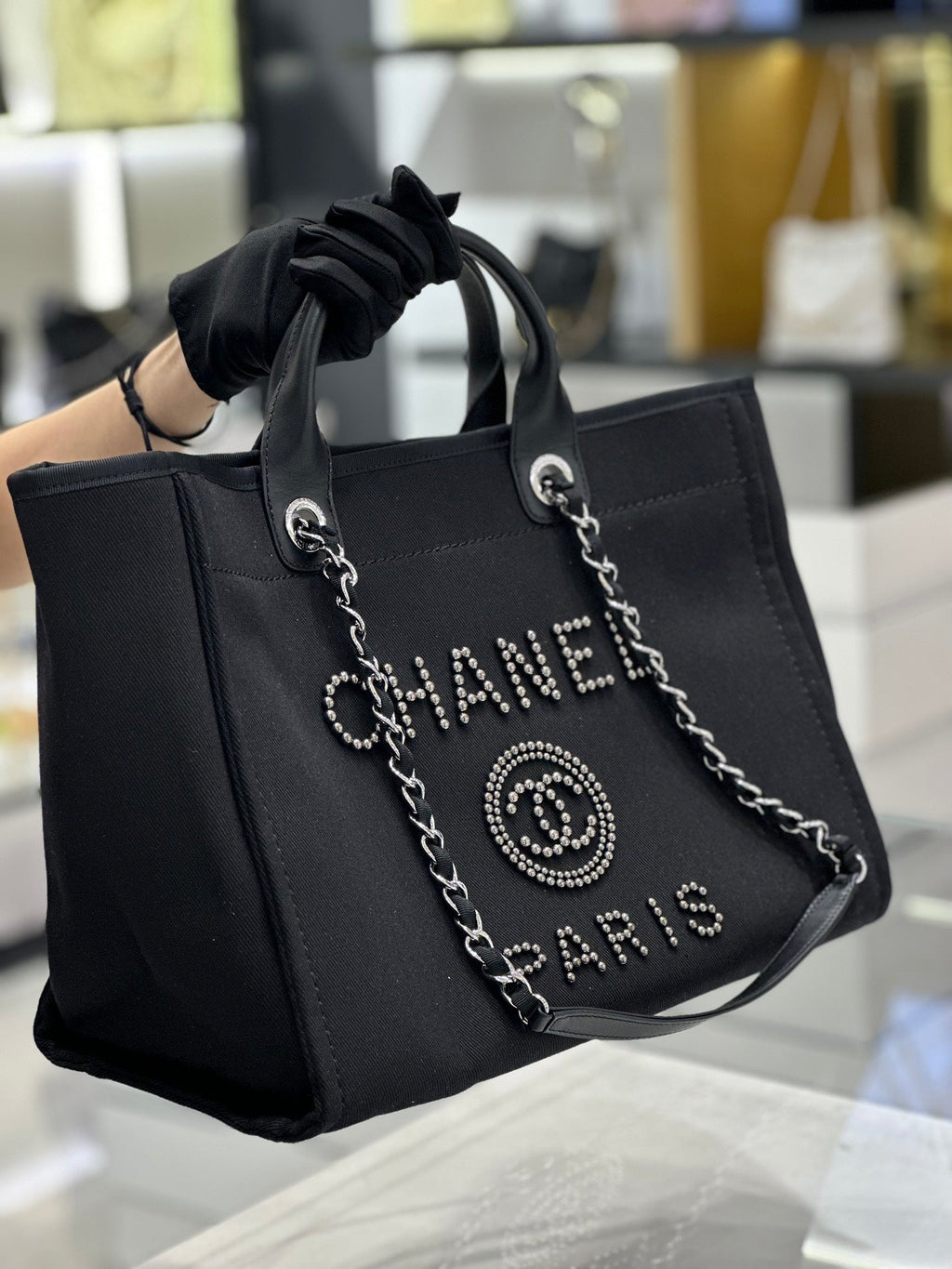 Chanel Natural Canvas and Black Leather Large Pearl Deauville Tote — view 2