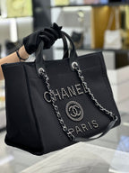 Chanel Natural Canvas and Black Leather Large Pearl Deauville Tote — view 2