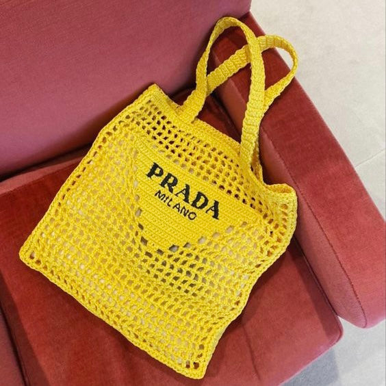 Prada Women's Natural Crochet Tote Bag-Yellow — view 2