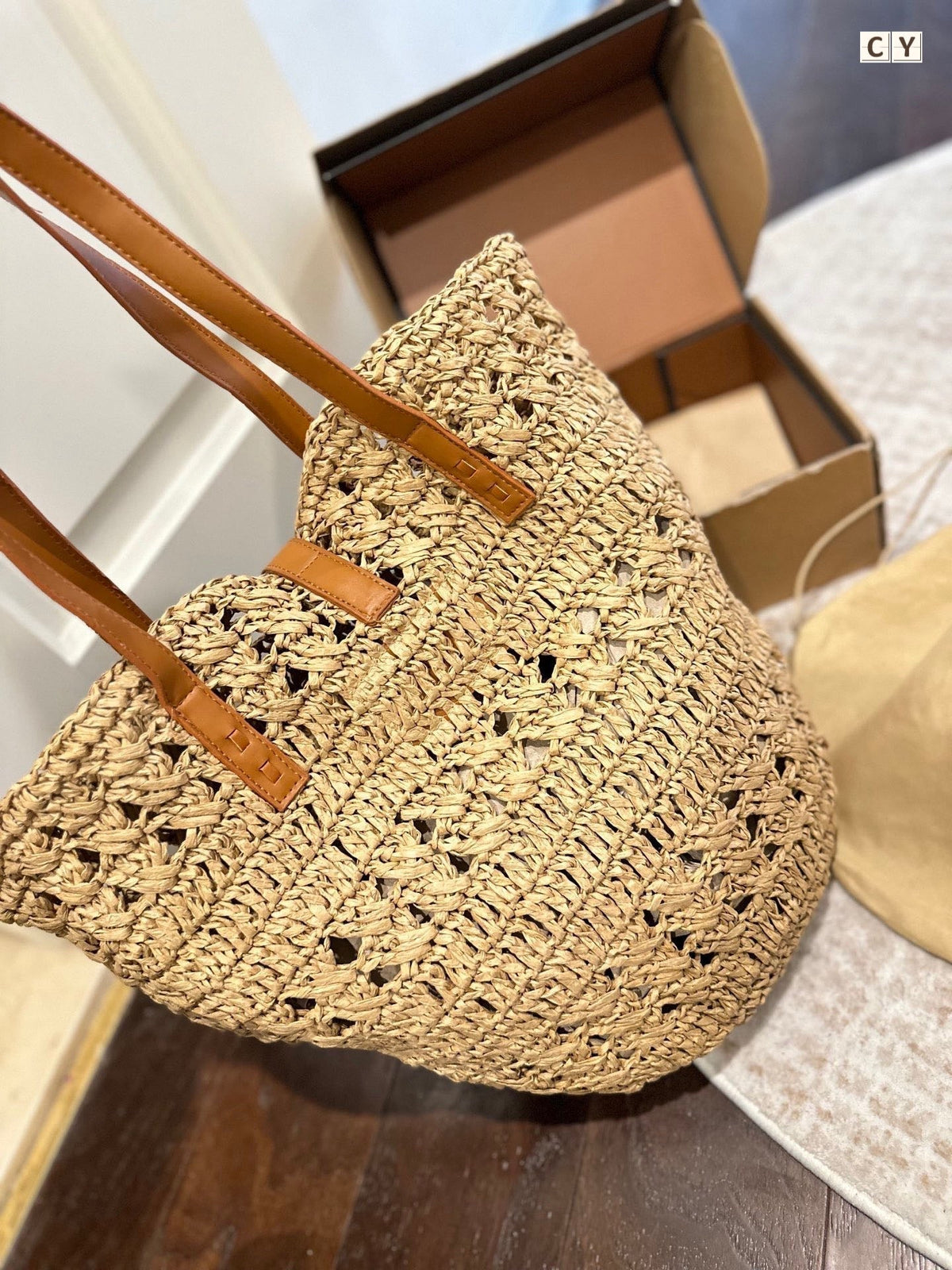 YSL Panier Medium in Raffia and Vegetable-Tanned Leather Tote Bag - Yellow — view 3