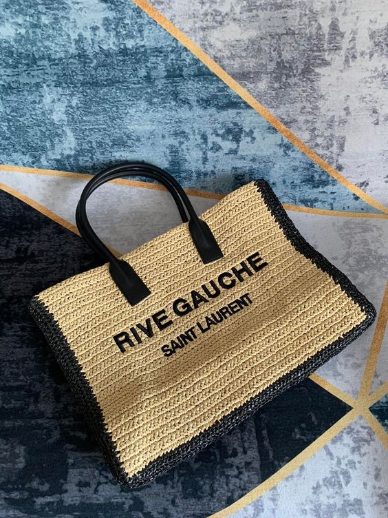 Saint Laurent Rive Gauche Tote Bag in Raffia and Leather - Straw — view 2