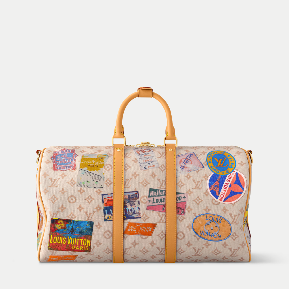 LV Keepall Bandoulière 45 Monogram Dune Canvas Travel Handle Shoulder Bag with Leather Trim and Travel Patches — view 3