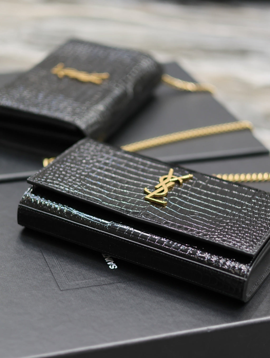 YSL Kate Croc Embossed Black Gold Hardware Shoulder Bag — view 3