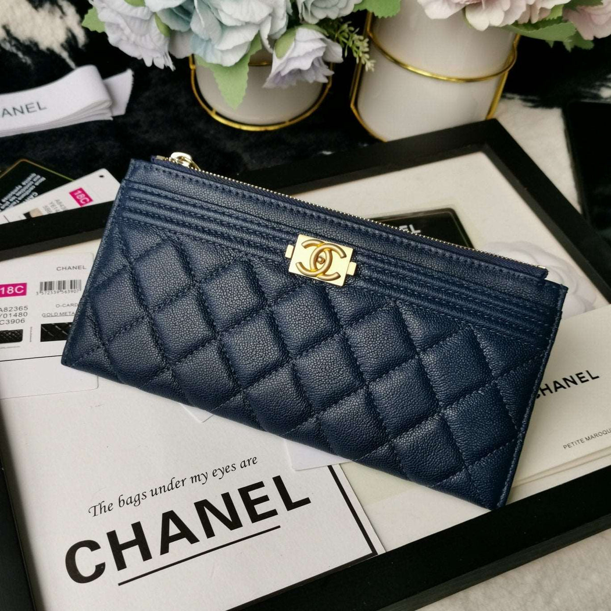 Chanel Caviar Quilted Classic Zip Boy Pouch - Navy — view 1