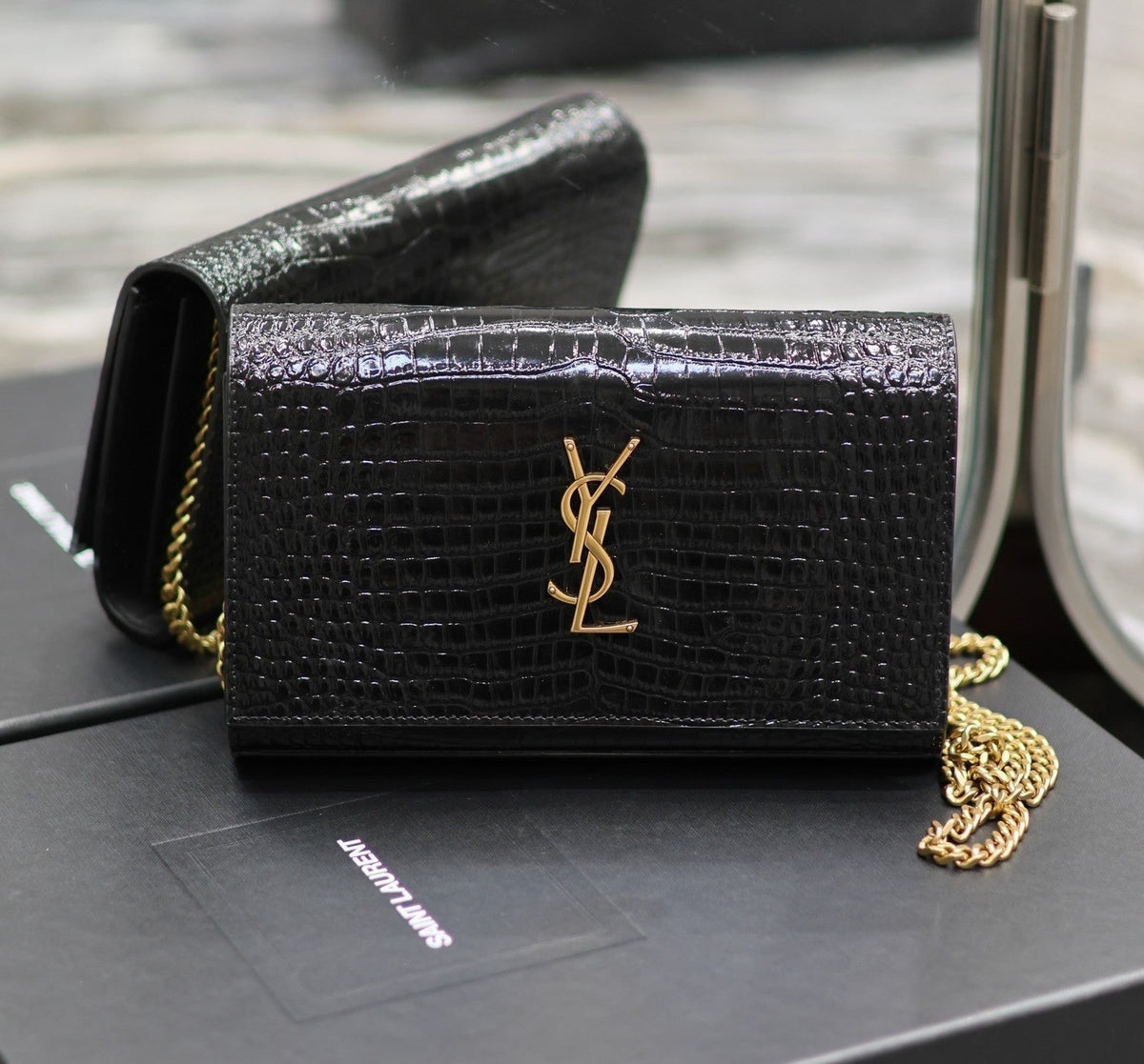 YSL Kate Croc Embossed Black Gold Hardware Shoulder Bag — view 7