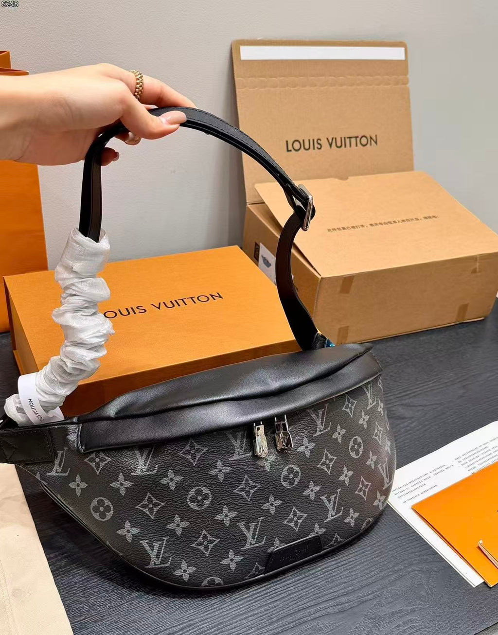 LV Bumbag Monogram Eclipse Canvas Crossbody Bag with Black Leather Trim — view 2