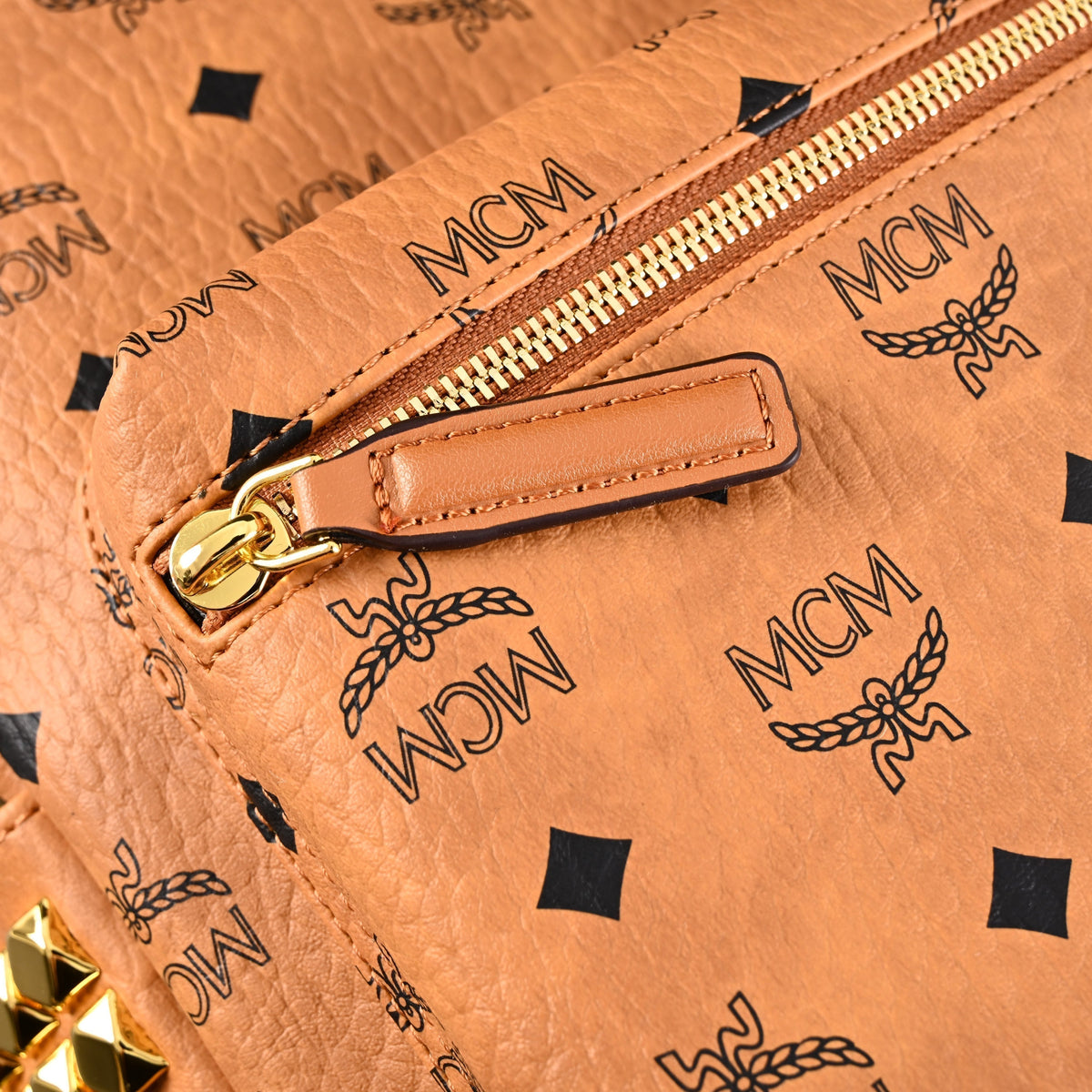 Mcm Stark Visetos Medium Backpack – Cognac Monogram with Gold-Tone Studs - Cognac with Black Monogram Print — view 9