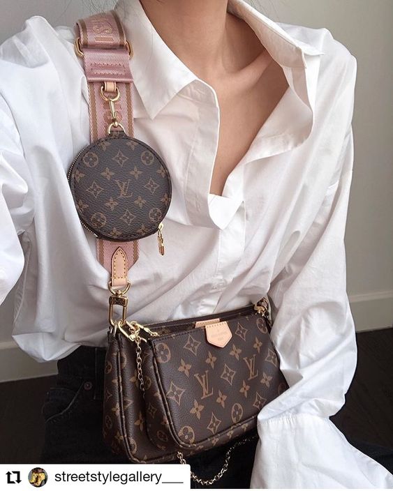 LV Multi Pochette Accessoires Monogram Canvas Crossbody Shoulder Bag with Pink Strap and Two Pouches — view 2