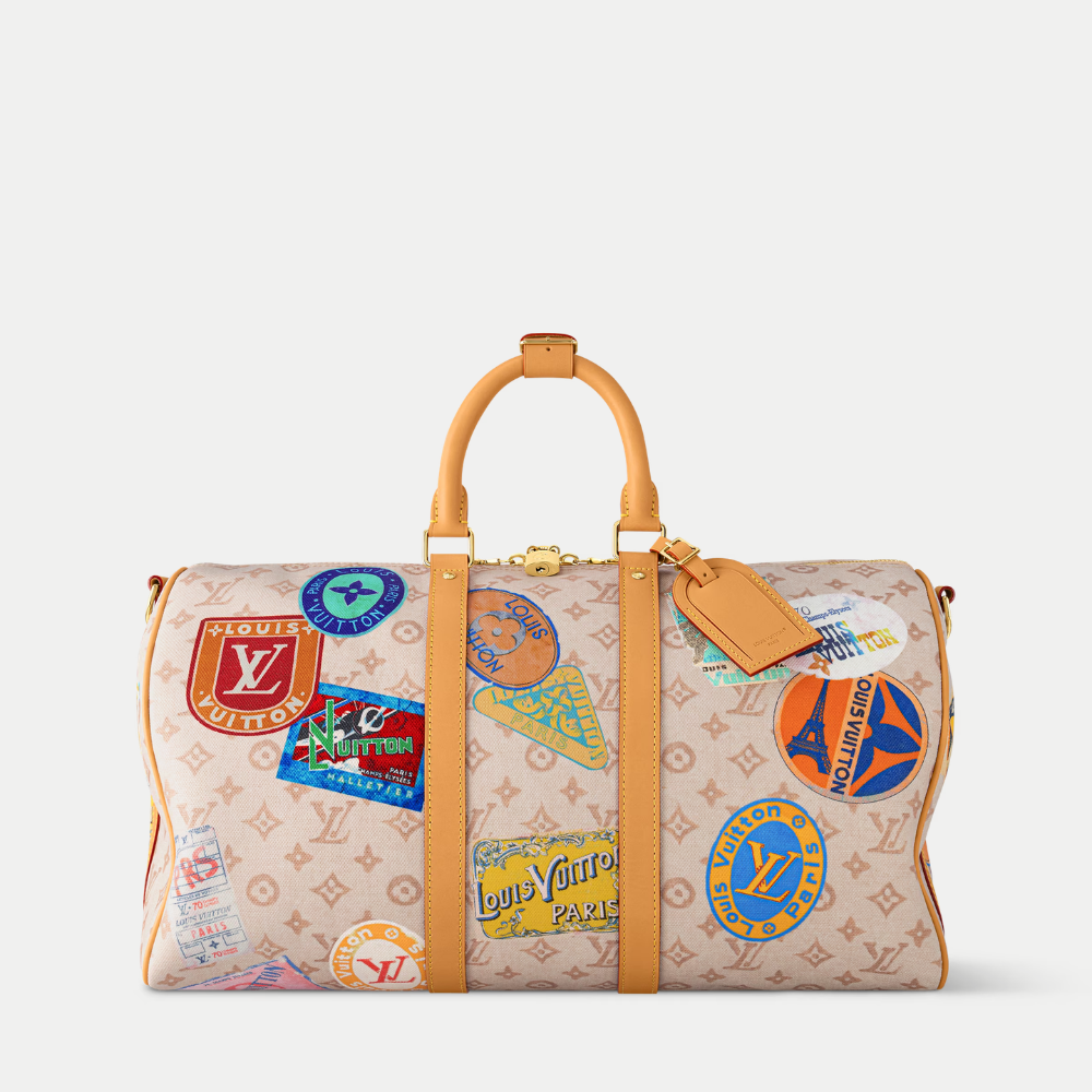 LV Keepall Bandoulière 45 Monogram Dune Canvas Travel Handle Shoulder Bag with Leather Trim and Travel Patches — view 4