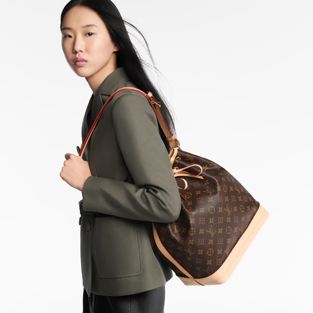 LV Noé Monogram Canvas Bucket Shoulder Bag with Leather Trim and Drawstring Closure - Brown — view 4