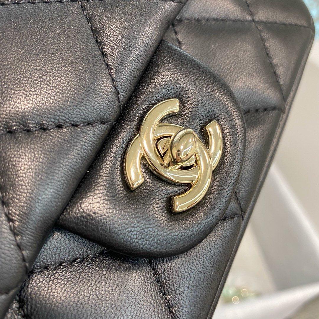 Chanel Pearl Logo Strap Flap Bag Black — view 8
